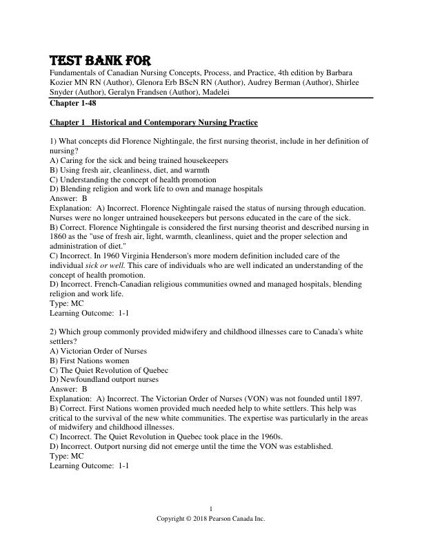 Test Bank For Fundamentals of Canadian Nursing Concepts, Process, and Practice, 4th Edition by Barbara Kozier MN RN, Glenora Erb BScN RN, Audrey Berman, Shirlee Snyder, Geralyn Fran