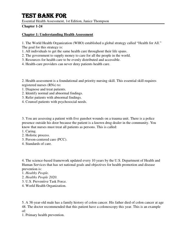 Test Bank For Essential Health Assessment, 1st Edition by Janice Thompson Chapter 1-24