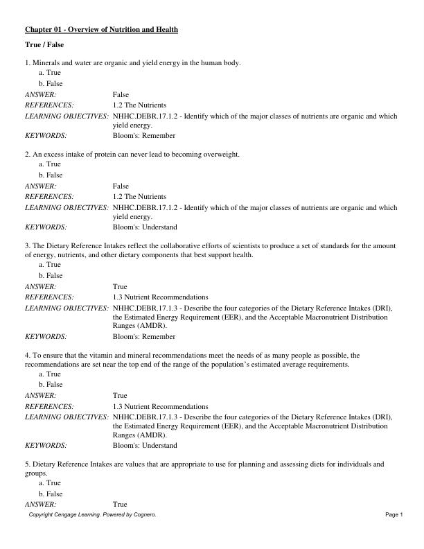 Test Bank for Nutrition For Health and Healthcare, 8th Edition by Linda Kelley DeBruyne Kathryn Pinna Chapter 1-23