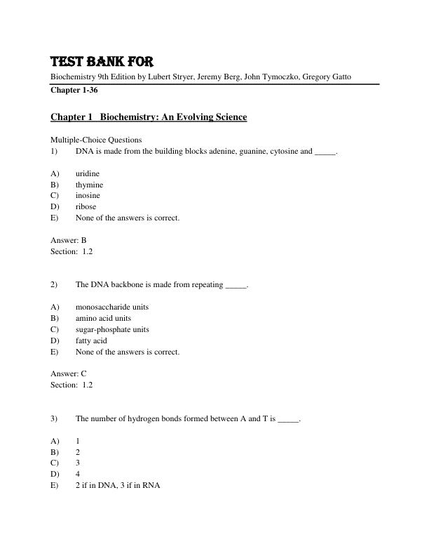 Test Bank For Biochemistry 9th Edition by Lubert Stryer, Jeremy Berg, John Tymoczko, Gregory Gatto Chapter 1-36.pdf