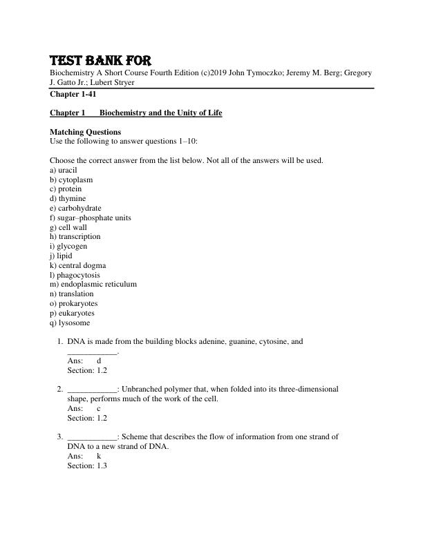 Test Bank For Biochemistry A Short Course Fourth Edition (c)2019 John Tymoczko; Jeremy M. Berg; Gregory J. Gatto Jr.; Lubert Stryer Chapter 1-41.pdf