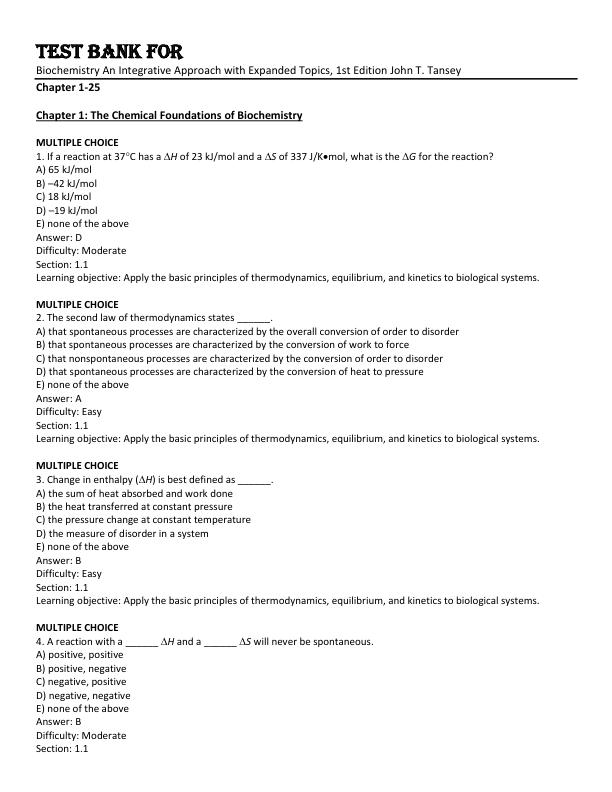 Test Bank For Biochemistry An Integrative Approach with Expanded Topics, 1st Edition by John T. Tansey Chapter 1-25.pdf