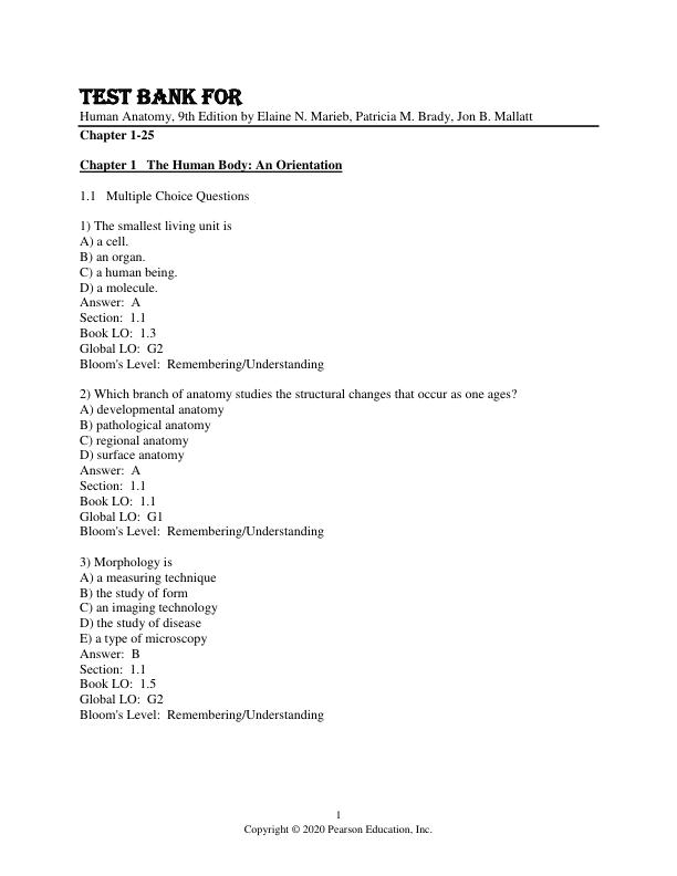 Test Bank For Human Anatomy, 9th Edition, by Elaine N. Marieb, Patricia M. Brady, Jon B. Mallatt Chapter 1-25