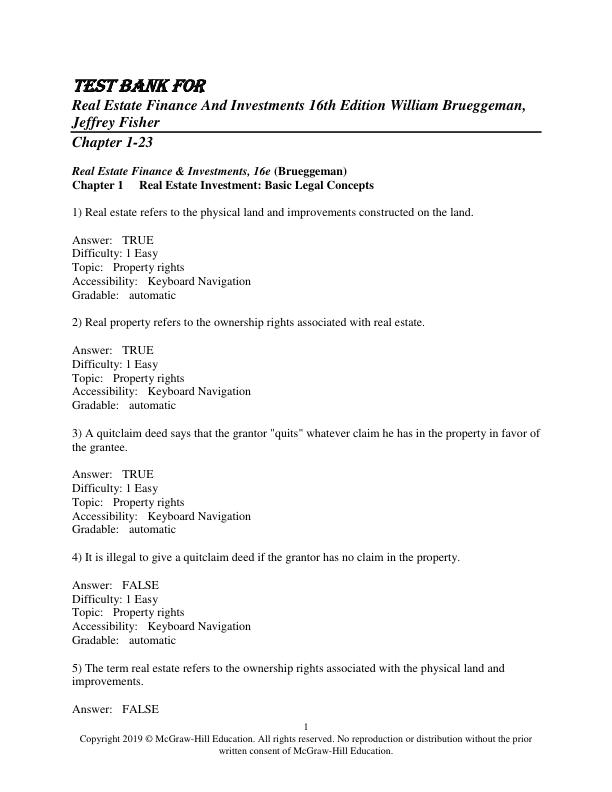 Test Bank for Real Estate Finance And Investments 16th Edition William Brueggeman, Jeffrey Fisher Chapter 1-23
