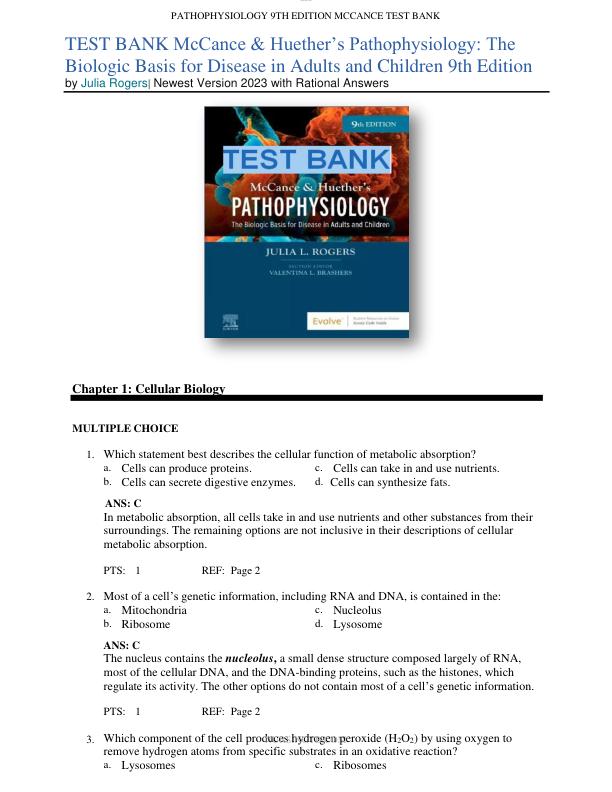 TEST BANK McCance & Huether’s Pathophysiology The Biologic Basis for Disease in Adults and Children 9th Edition by Julia Rogers Newest Version 2023 with Rational Answers