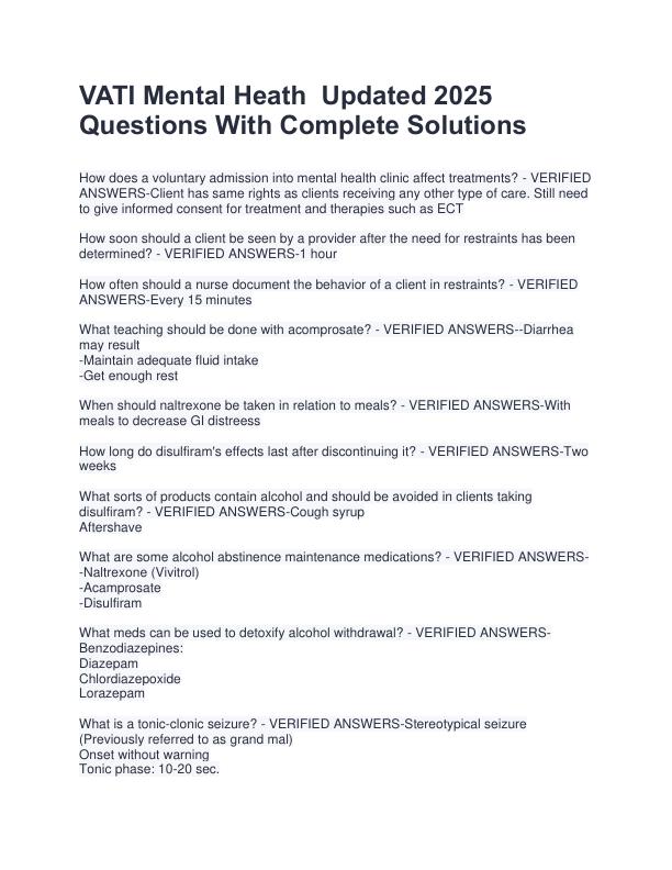 VATI Mental Heath  Updated 2025 Questions With Complete Solutions