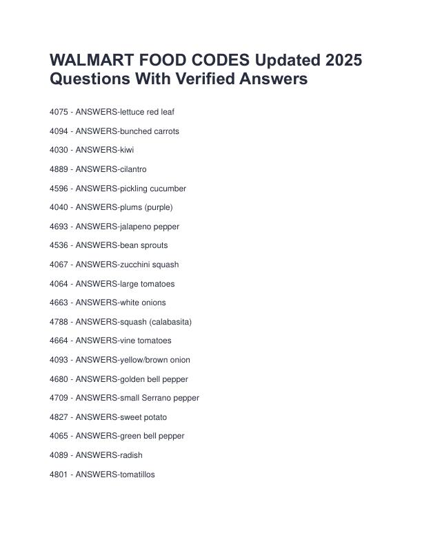 WALMART FOOD CODES Updated 2025 Questions With Verified Answers