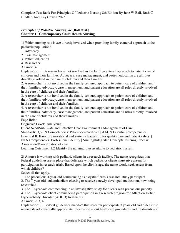 Test Bank For Principles Of Pediatric Nursing 8th Edition By Jane W Ball, Ruth C Bindler, Kay Cowen Chapter 1-31 Complete Guide 2023