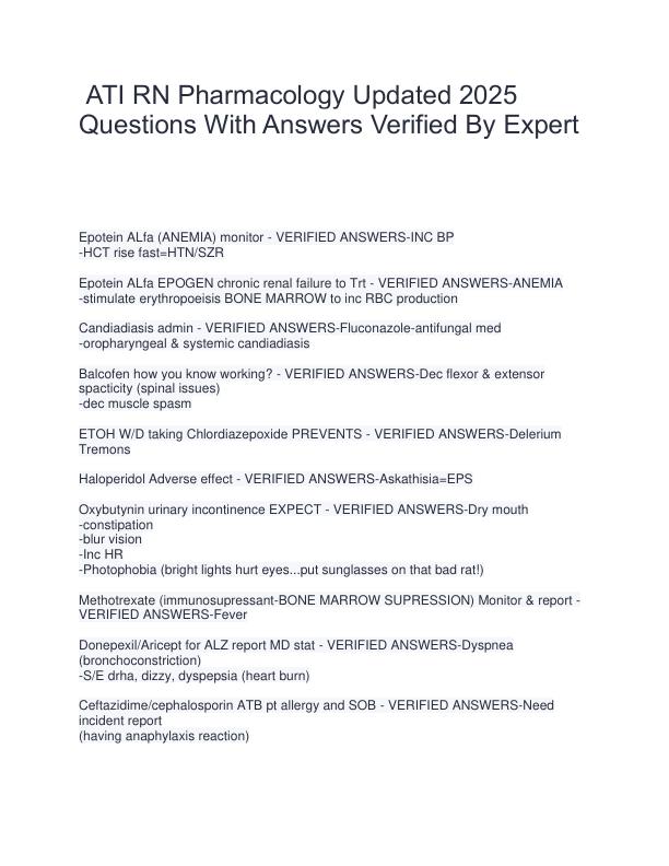 ATI RN Pharmacology Updated 2025 Questions With Answers Verified By Expert