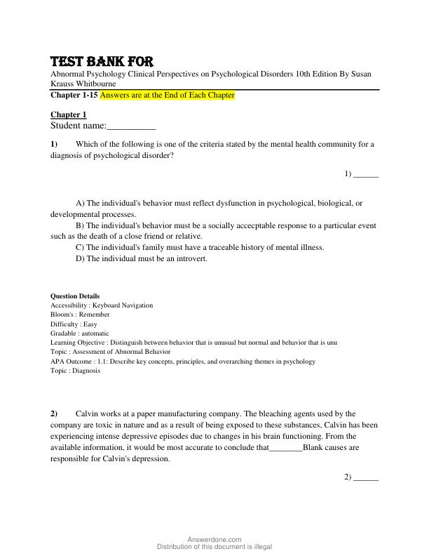 Test Bank For Abnormal Psychology Clinical Perspectives by M Aoon on Psychological Disorders 10th Edition By Susan Krauss Whitbourne Chapter 1-15.pdf