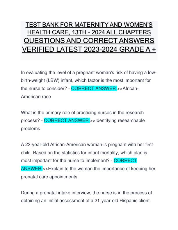 TEST BANK FOR MATERNITY AND WOMEN'S HEALTH CARE, 13TH - 2024 ALL CHAPTERS QUESTIONS AND CORRECT ANSWERS VERIFIED LATEST 2023-2024 GRADE A +