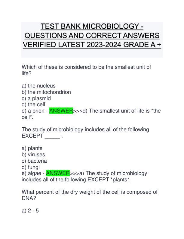 TEST BANK MICROBIOLOGY - QUESTIONS AND CORRECT ANSWERS VERIFIED LATEST 2023-2024 GRADE A +