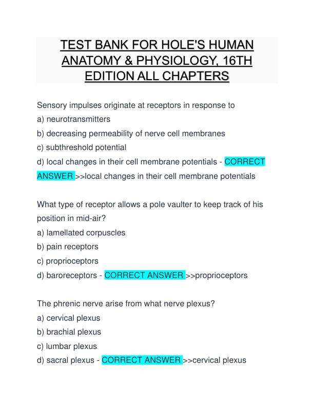 TEST BANK FOR HOLE'S HUMAN ANATOMY & PHYSIOLOGY, 16TH EDITION ALL CHAPTERS