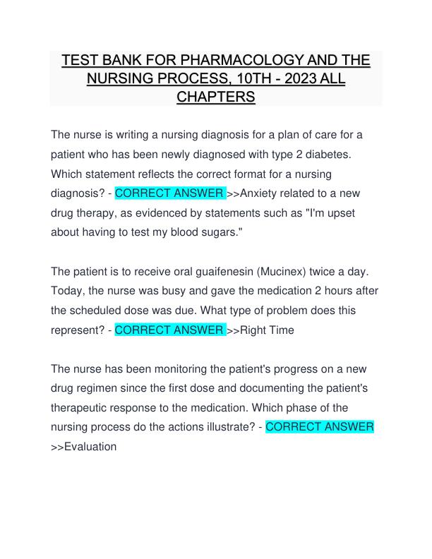 TEST BANK FOR PHARMACOLOGY AND THE NURSING PROCESS, 10TH - 2023 ALL CHAPTERS