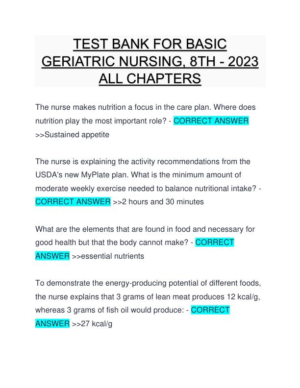 TEST BANK FOR BASIC GERIATRIC NURSING, 8TH - 2023 ALL CHAPTERS