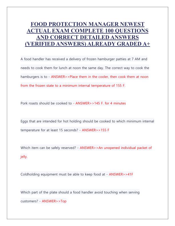 FOOD PROTECTION MANAGER NEWEST ACTUAL EXAM COMPLETE 100 QUESTIONS AND CORRECT DETAILED ANSWERS (VERIFIED ANSWERS) ALREADY GRADED A+