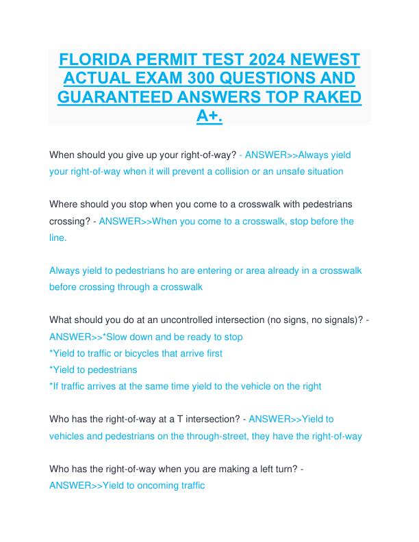 FLORIDA PERMIT TEST 2024 NEWEST ACTUAL EXAM 300 QUESTIONS AND GUARANTEED ANSWERS TOP RAKED A+.