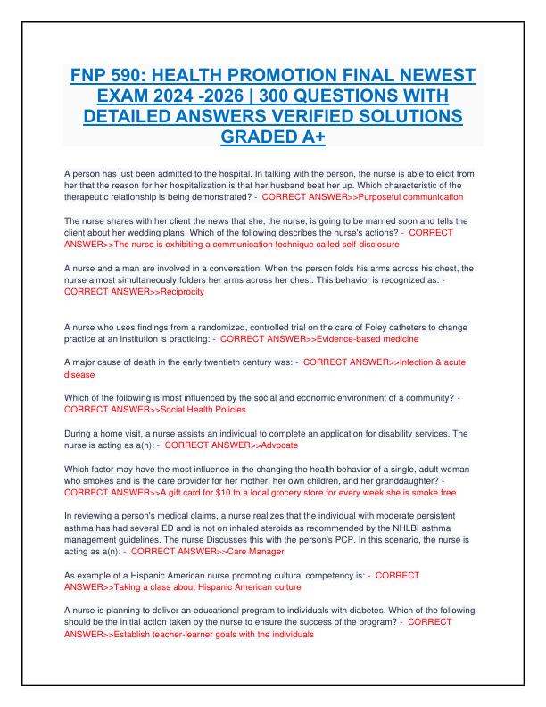 FNP 590 HEALTH PROMOTION FINAL NEWEST EXAM 2024 -2026 300 QUESTIONS WITH DETAILED ANSWERS VERIFIED SOLUTIONS GRADED A+