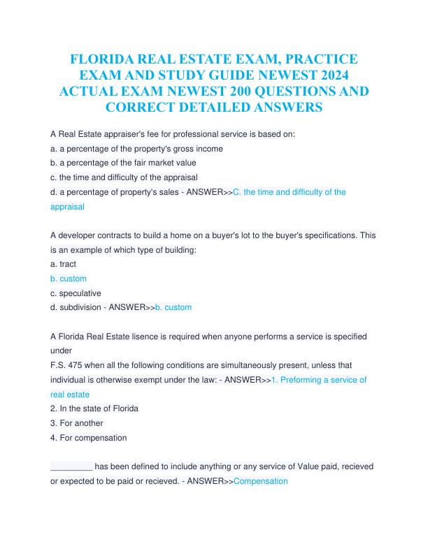 FLORIDA REAL ESTATE EXAM, PRACTICE EXAM AND STUDY GUIDE NEWEST 2024 ACTUAL EXAM NEWEST 200 QUESTIONS AND CORRECT DETAILED ANSWERS