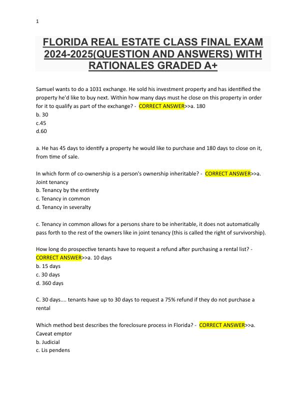 FLORIDA REAL ESTATE CLASS FINAL EXAM 2024-2025(QUESTION AND ANSWERS) WITH RATIONALES GRADED A+