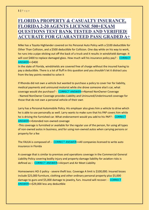 FLORIDA PROPERTY & CASUALTY INSURANCE, FLORIDA 2-20 AGENTS LICENSE 500+EXAM QUESTIONS TEST BANK TESTED AND VERIFIED ACCURATE FOR GUARANTEED PASS GRADED A+