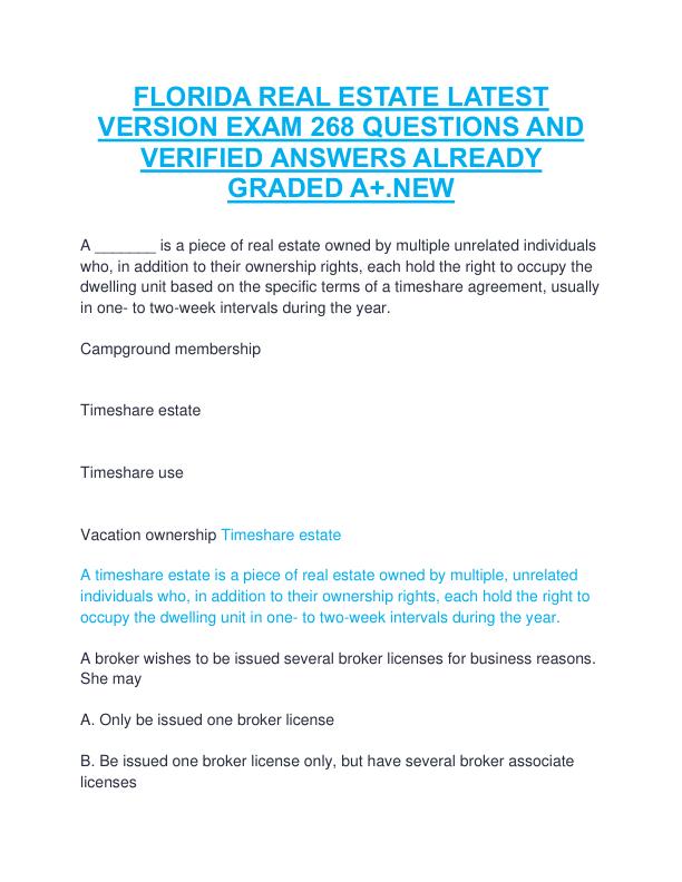 FLORIDA REAL ESTATE LATEST VERSION EXAM 268 QUESTIONS AND VERIFIED ANSWERS ALREADY GRADED A+.NEW