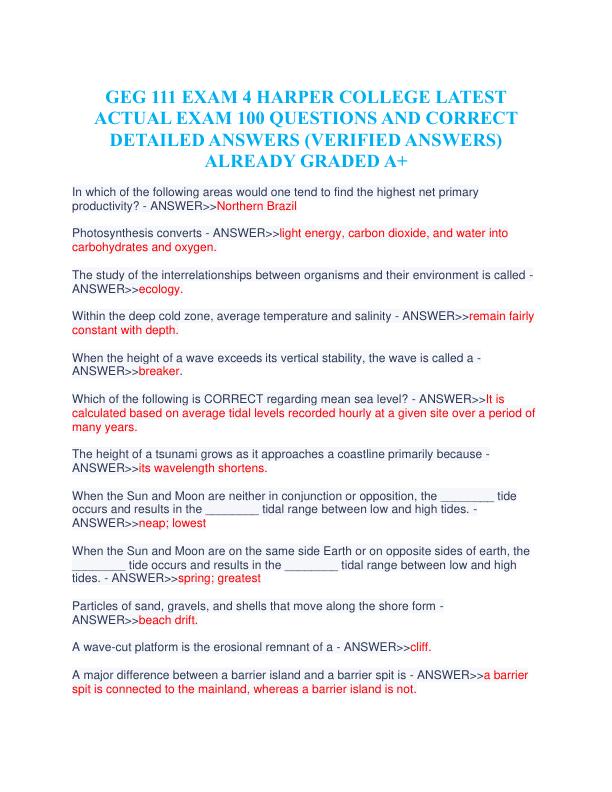 GEG 111 EXAM 4 HARPER COLLEGE LATEST ACTUAL EXAM 100 QUESTIONS AND CORRECT DETAILED ANSWERS