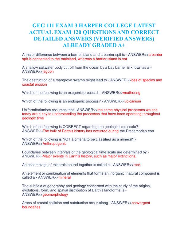 GEG 111 EXAM 3 HARPER COLLEGE LATEST ACTUAL EXAM 120 QUESTIONS AND CORRECT DETAILED ANSWERS