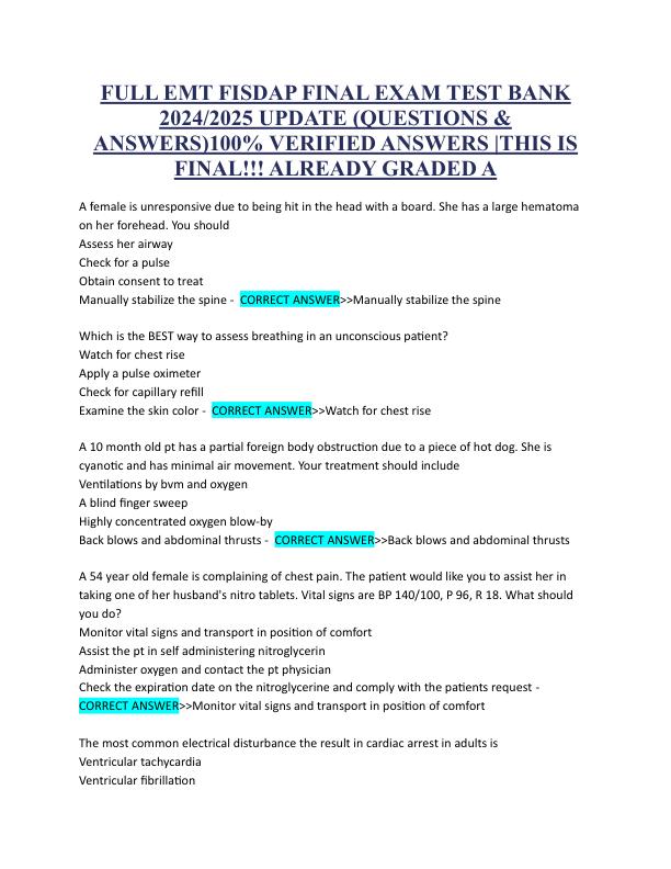 FULL EMT FISDAP FINAL EXAM TEST BANK 2024-2025 UPDATE (QUESTIONS & ANSWERS)100% VERIFIED ANSWERS THIS IS FINAL!!! ALREADY GRADED A