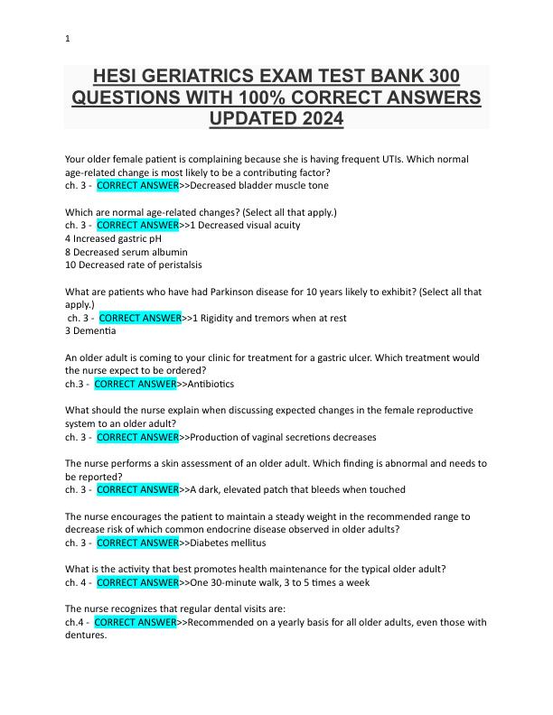 HESI GERIATRICS EXAM TEST BANK 300 QUESTIONS WITH 100% CORRECT ANSWERS UPDATED 2024