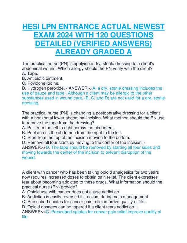 HESI LPN ENTRANCE ACTUAL NEWEST EXAM 2024 WITH 120 QUESTIONS DETAILED (VERIFIED ANSWERS) ALREADY GRADED A