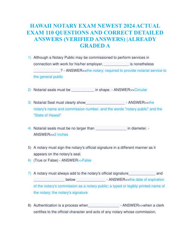 HAWAII NOTARY EXAM NEWEST 2024 ACTUAL EXAM 110 QUESTIONS AND CORRECT DETAILED ANSWERS