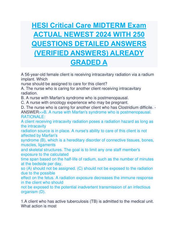 HESI Critical Care MIDTERM Exam ACTUAL NEWEST 2024 WITH 250 QUESTIONS DETAILED ANSWERS (VERIFIED ANSWERS) ALREADY GRADED A