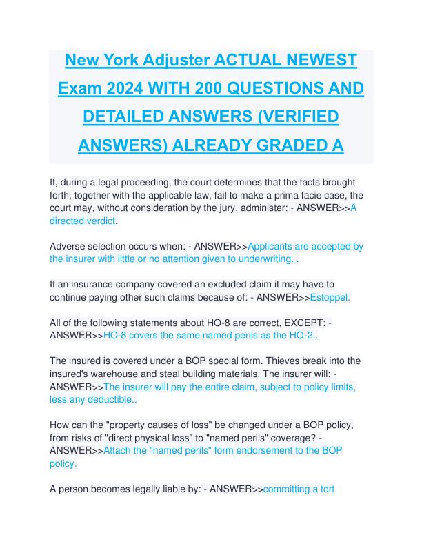 New York Adjuster ACTUAL NEWEST Exam 2024 WITH 200 QUESTIONS AND DETAILED ANSWERS (VERIFIED ANSWERS) ALREADY GRADED A