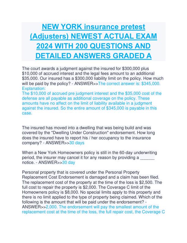 NEW YORK insurance pretest (Adjusters) NEWEST ACTUAL EXAM 2024 WITH 200 QUESTIONS AND DETAILED ANSWERS GRADED A