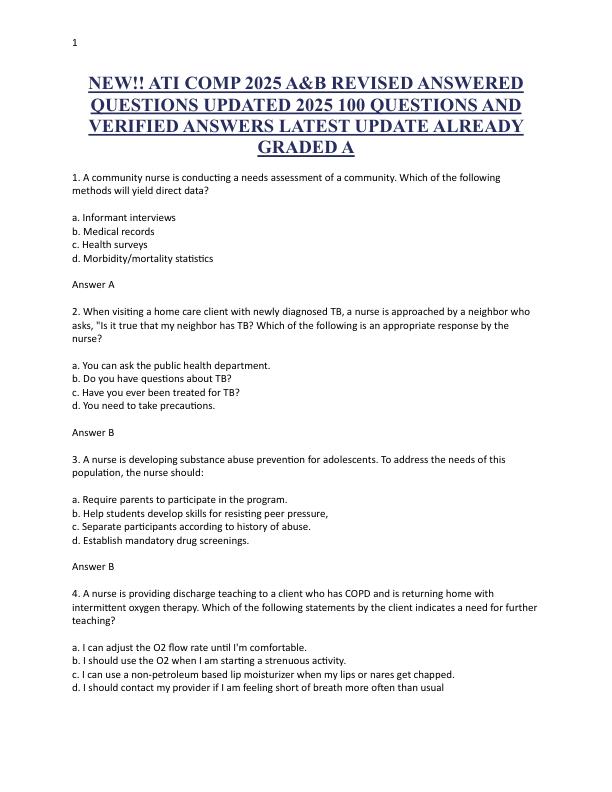 NEW!! ATI COMP 2025 A&B REVISED ANSWERED QUESTIONS UPDATED 2025 100 QUESTIONS AND VERIFIED ANSWERS LATEST UPDATE ALREADY GRADED A