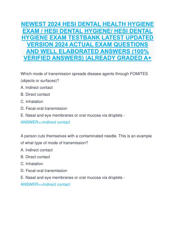 NEWEST 2024 HESI DENTAL HEALTH HYGIENE EXAM  HESI DENTAL HYGIENE HESI DENTAL HYGIENE EXAM TESTBANK LATEST UPDATED VERSION 2024 ACTUAL EXAM QUESTIONS AND WELL ELABORATED ANSWERS (100% VERIFIED ANSWERS) ALREADY GRADED A+