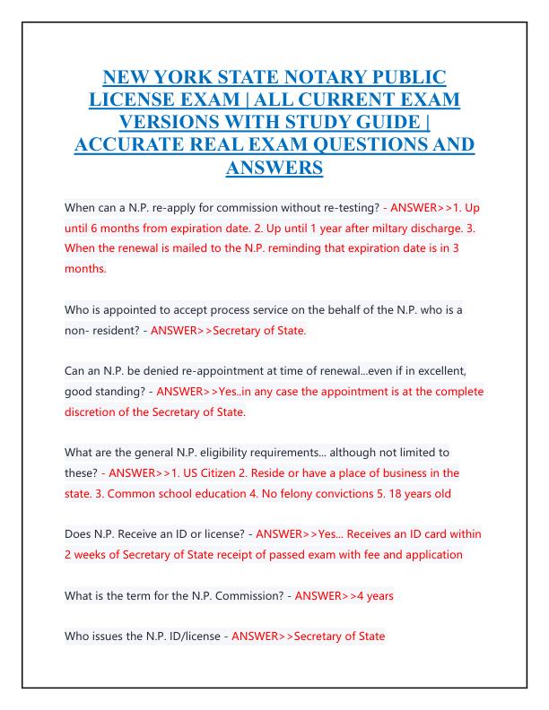 NEW YORK STATE NOTARY PUBLIC LICENSE EXAM  ALL CURRENT EXAM VERSIONS WITH STUDY GUIDE  ACCURATE REAL EXAM QUESTIONS AND ANSWERS