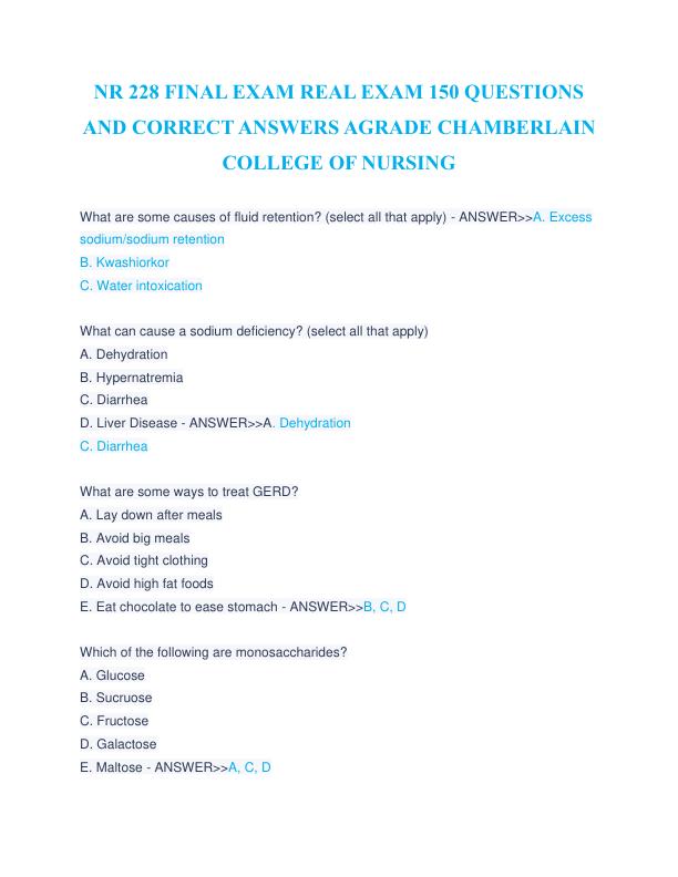 NR 228 FINAL EXAM REAL EXAM 150 QUESTIONS AND CORRECT ANSWERS AGRADE CHAMBERLAIN COLLEGE OF NURSING