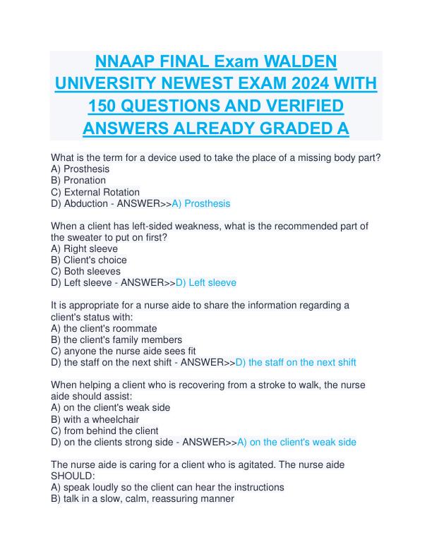 NNAAP FINAL Exam WALDEN UNIVERSITY NEWEST EXAM 2024 WITH 150 QUESTIONS AND VERIFIED ANSWERS ALREADY GRADED A