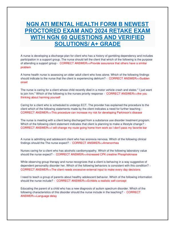 NGN ATI MENTAL HEALTH FORM B NEWEST PROCTORED EXAM AND 2024 RETAKE EXAM WITH NGN 60 QUESTIONS AND VERIFIED SOLUTIONS A+ GRADE