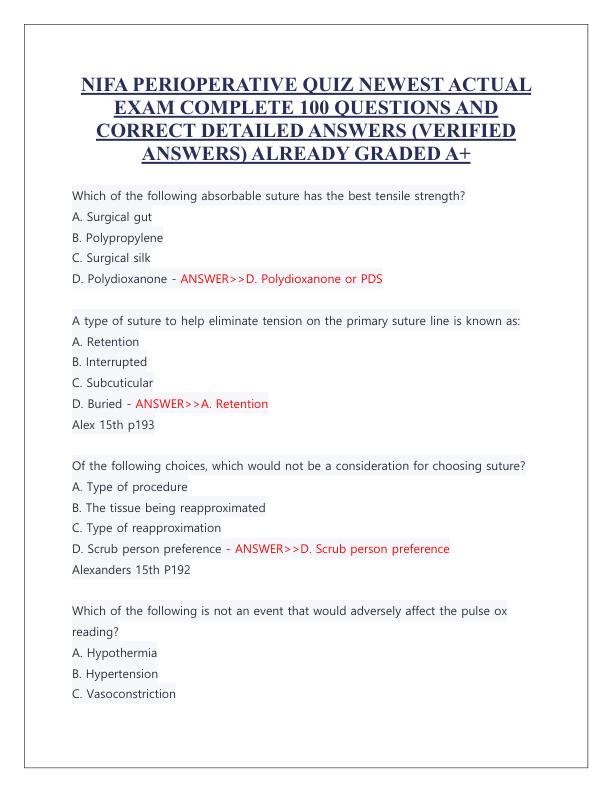 NIFA PERIOPERATIVE QUIZ NEWEST ACTUAL EXAM COMPLETE 100 QUESTIONS AND CORRECT DETAILED ANSWERS (VERIFIED ANSWERS) ALREADY GRADED A+