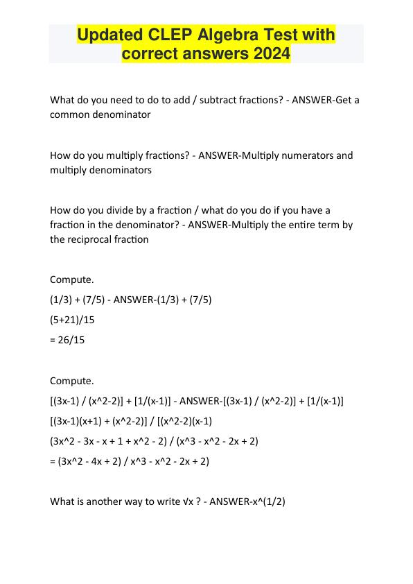 mobile-preview-Updated CLEP Algebra Test with  correct answers 2024