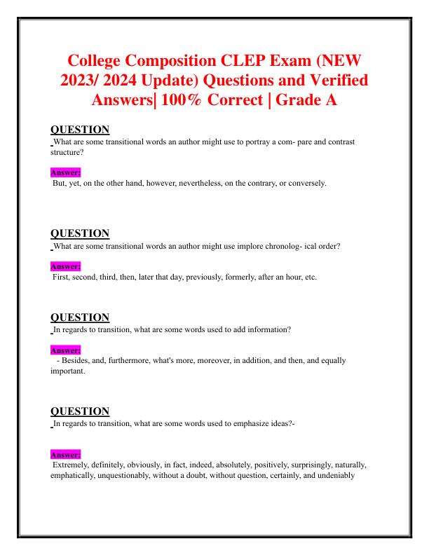 mobile-preview-College Composition CLEP Exam (NEW 2023/ 2024 Update) Questions and Verified  Answers| 100% Correct | Grade A