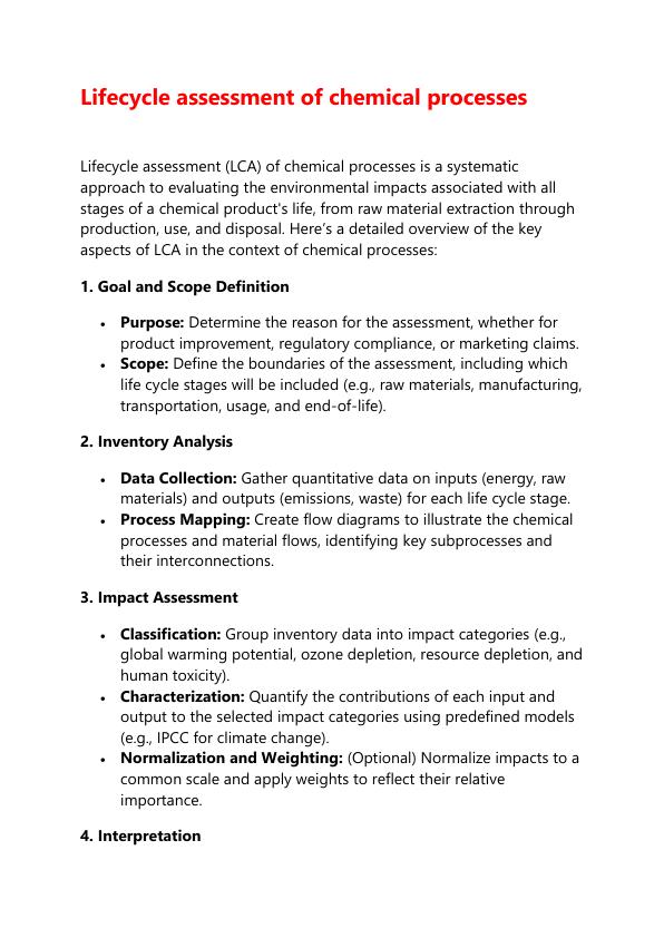 Lifecycle assessment of chemical processes