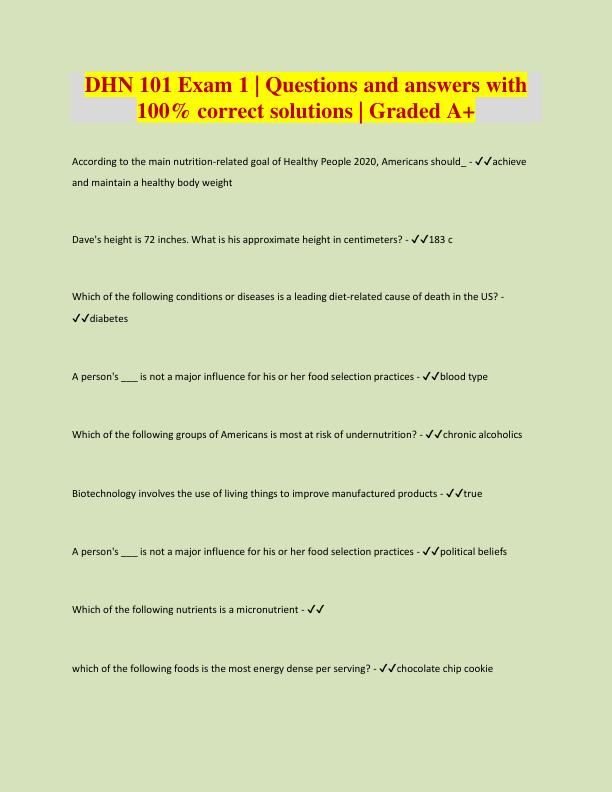 DHN 101 Exam 1 | Questions and answers with 100% correct solutions | Graded A+