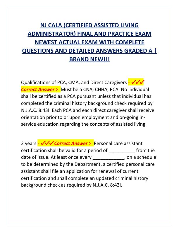 NJ CALA (CERTIFIED ASSISTED LIVING  ADMINISTRATOR) FINAL AND PRACTICE EXAM  NEWEST ACTUAL EXAM WITH COMPLETE  QUESTIONS AND DETAILED ANSWERS GRADED A |  BRAND NEW!!!