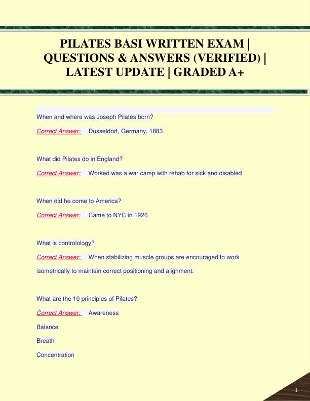 PILATES BASI WRITTEN EXAM |  QUESTIONS & ANSWERS (VERIFIED) |  LATEST UPDATE | GRADED A+