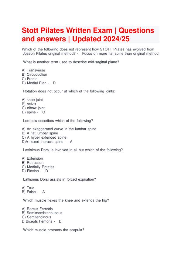 Stott Pilates Written Exam | Questions  and answers | Updated 2024/25