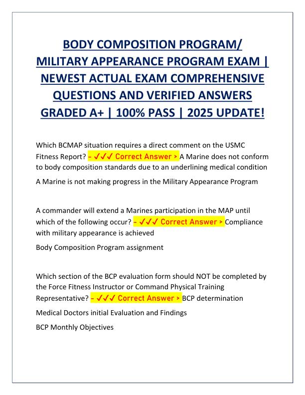 BODY COMPOSITION PROGRAM/  MILITARY APPEARANCE PROGRAM EXAM |  NEWEST ACTUAL EXAM COMPREHENSIVE  QUESTIONS AND VERIFIED ANSWERS  GRADED A+ | 100% PASS | 2025 UPDATE!